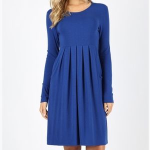 Blue pleated waist round neck long sleeve dress